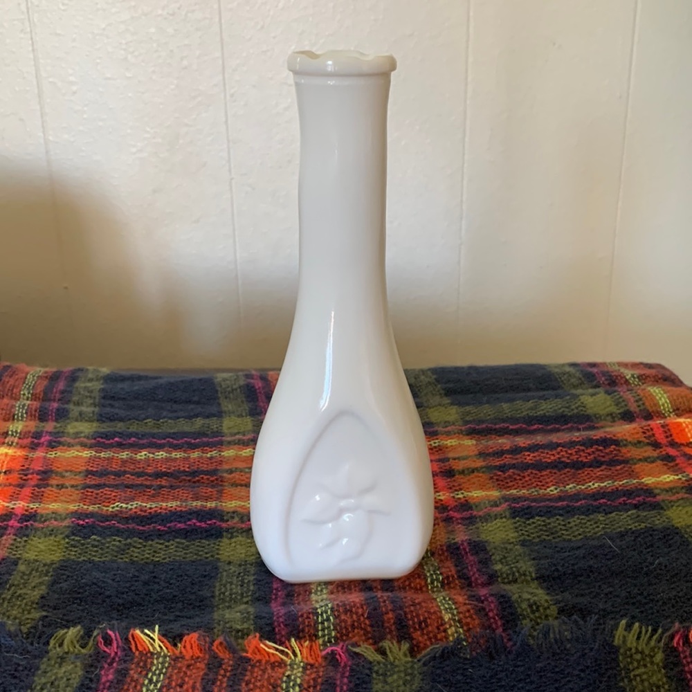 Vintage Opaque White MilkGlass Bud Vase with Embossed Leaves
